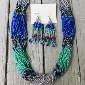 25 Strand Beaded Necklace with Earrings Comes in Blues and Grays and NEW